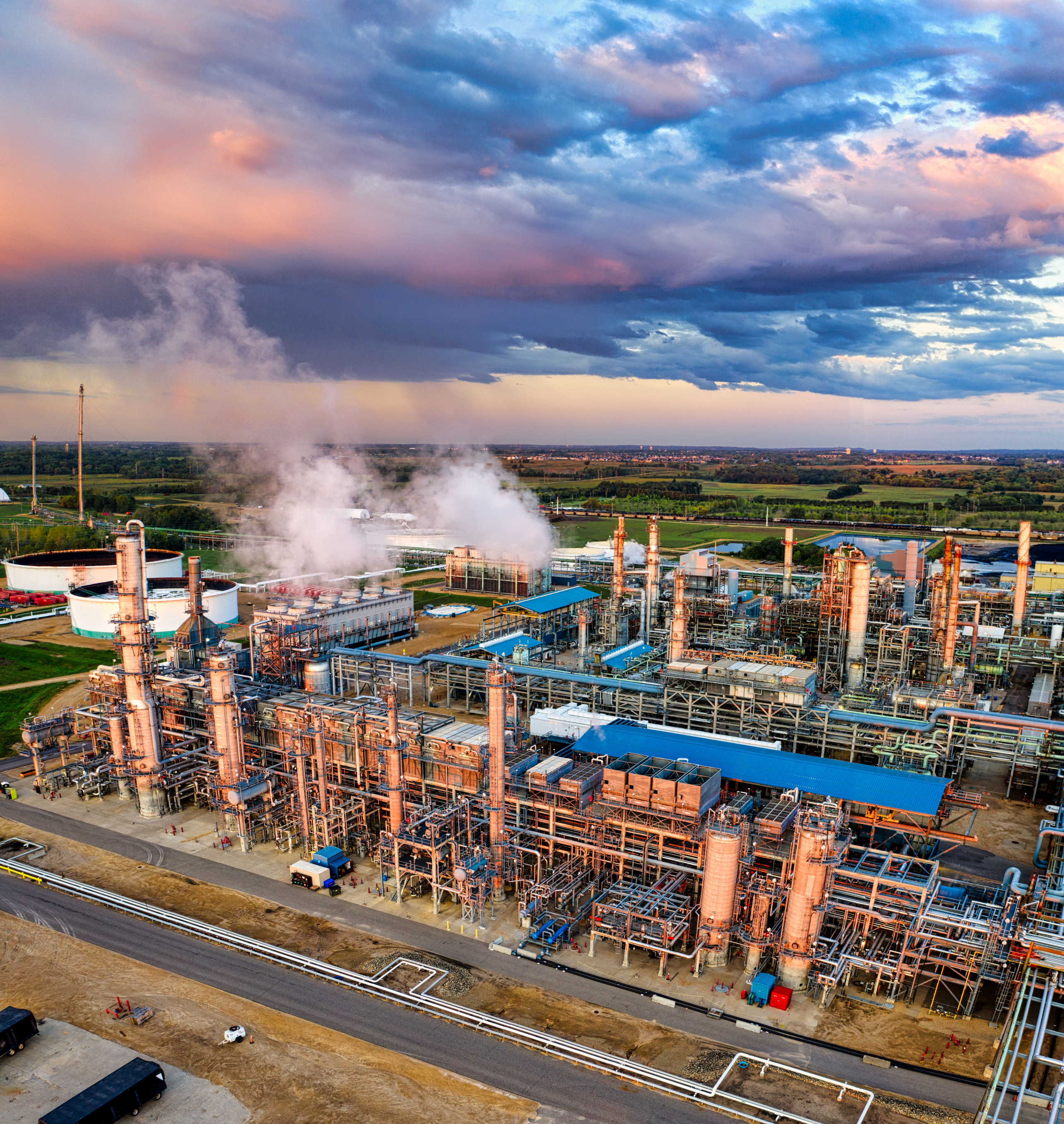 Industrial process plant at golden hour
